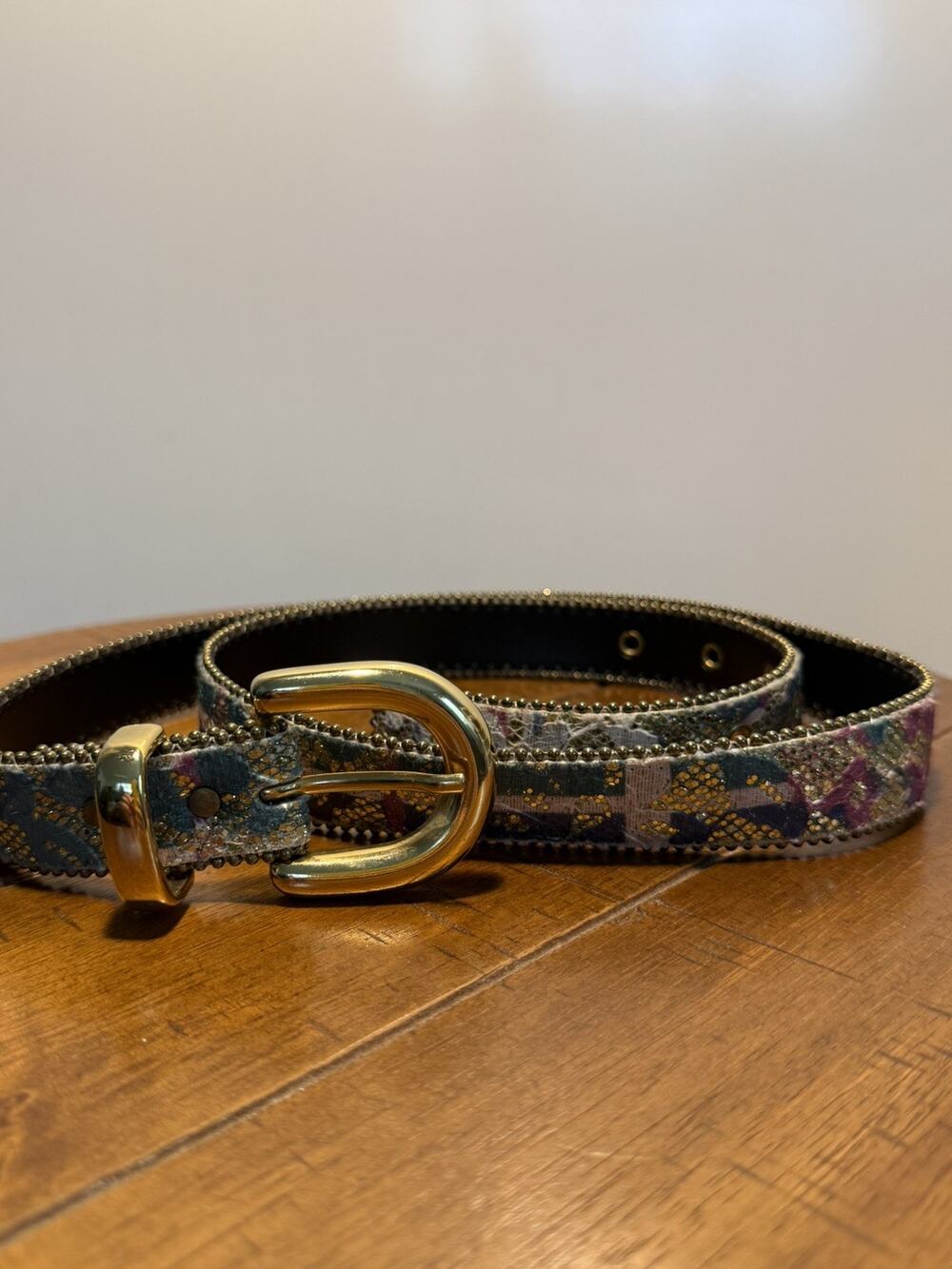 Vintage A. Brod Belt Sz L Tapestry Animal Print Sparkles Beaded Gold Buckle 90s